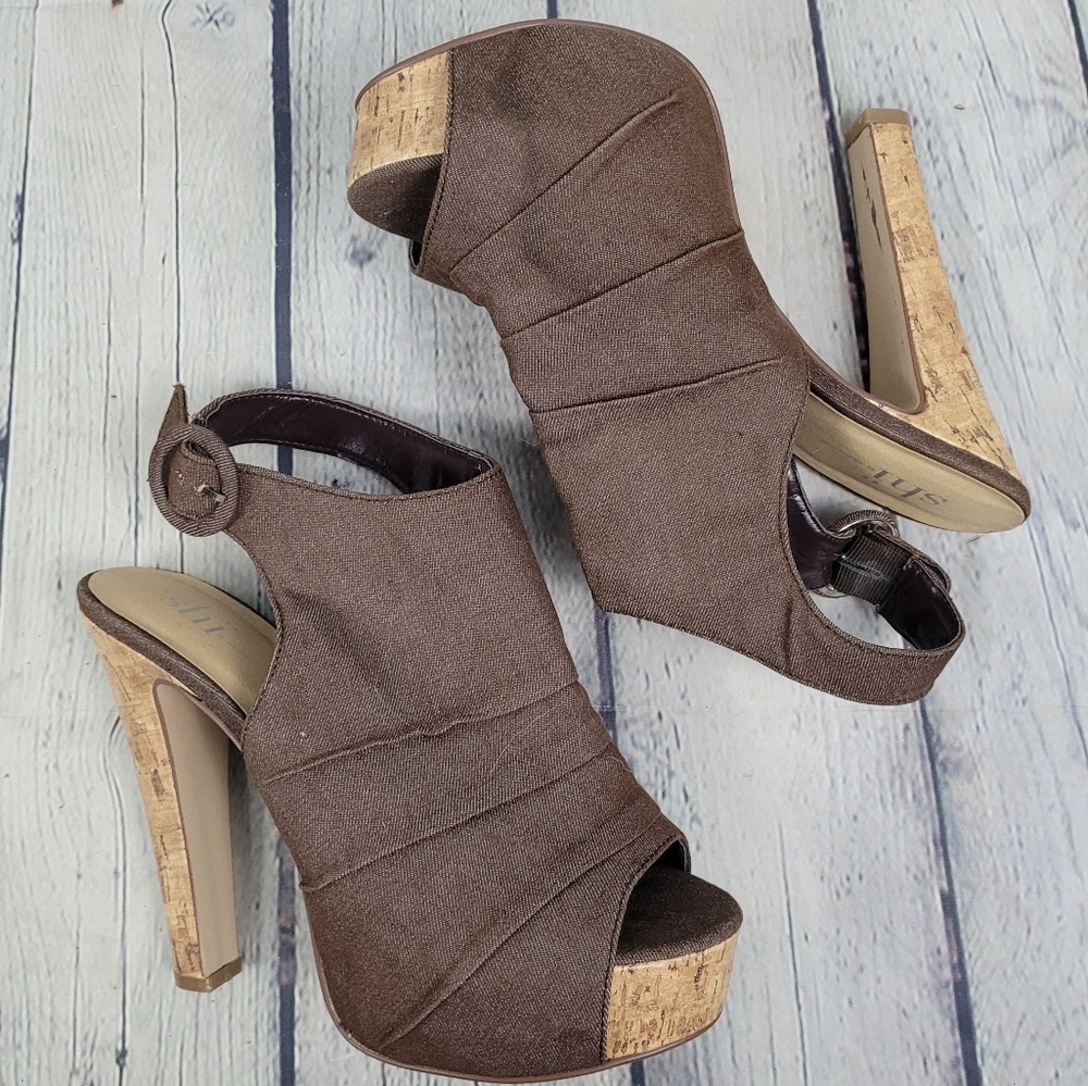 SHI by JOURNEYS | open toe slingback cork platform high heels